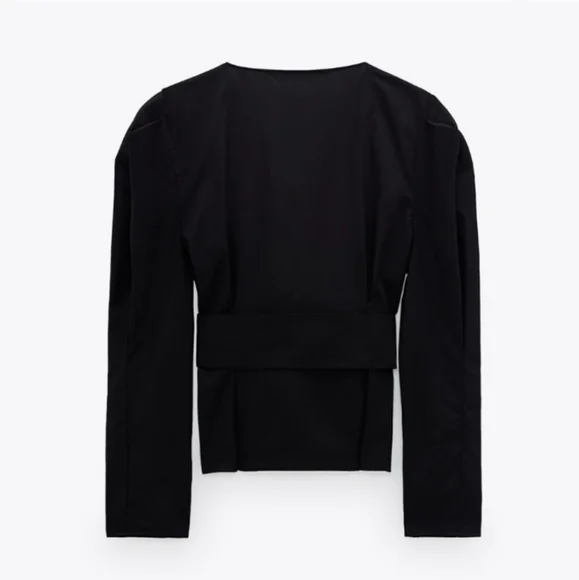 NWT* Zara Belted Puff Shoulder Poplin Wrap Blouse Black Top Shirt - Picture 10 of 12
